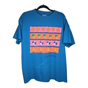Vintage Oneita California T Shirt‎ Size XL Power-T Blue Sailboat Sun Palm Tree